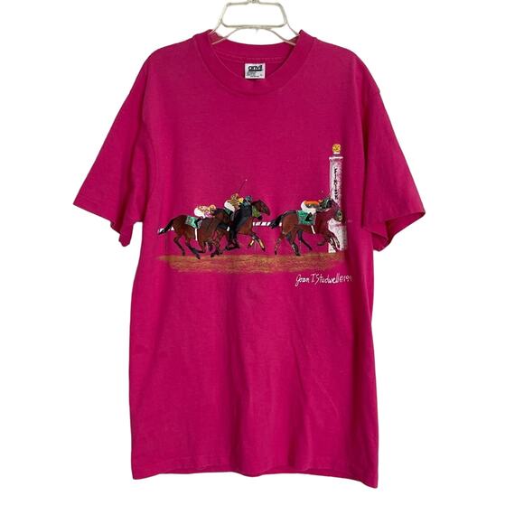 Kentucky Derby VTG 90s Joan Studwell Hand Painted Horse Race Tee Shirt Pink Sz L - Picture 1 of 9